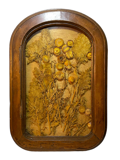 Antique Victorian Pressed Dried Flower Art in Arched Wood Frame | Botanical Wall Art | Early 20th Century Rustic Home Decor | Framed Florals