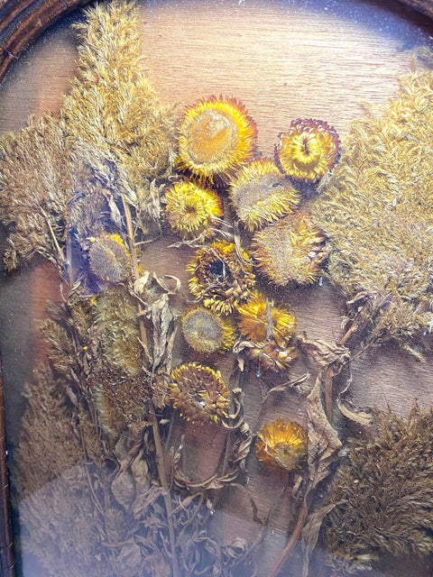Antique Victorian Pressed Dried Flower Art in Arched Wood Frame | Botanical Wall Art | Early 20th Century Rustic Home Decor | Framed Florals