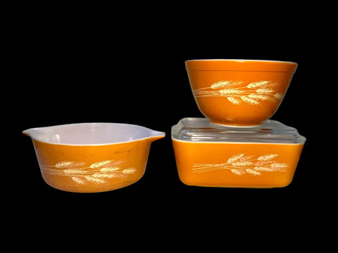 Vintage Pyrex Autumn Wheat Set - 1970s - Casserole, Bowl, and Refrigerator Dish