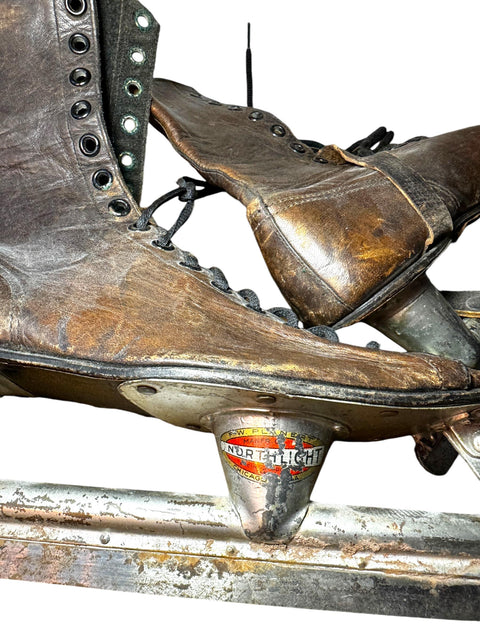 Antique North Light Ice Skates – Vintage Leather and Metal Blades, Early 1900s Winter Collectible