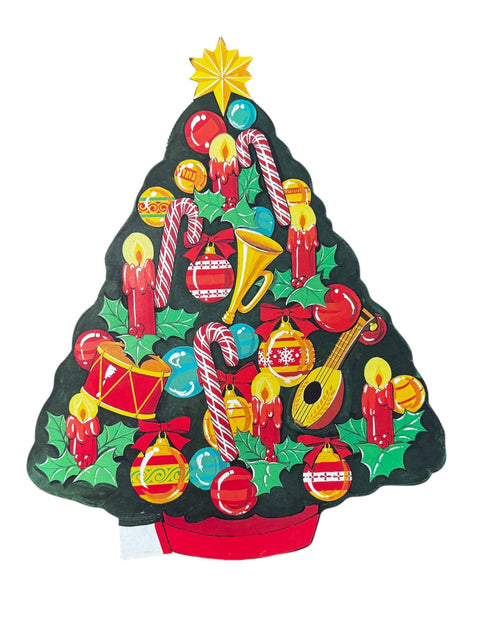 Vintage Eureka Christmas Tree Die-Cut, Holiday Wall Decor with Ornaments & Candles, 1970s-1980s Retro Holiday