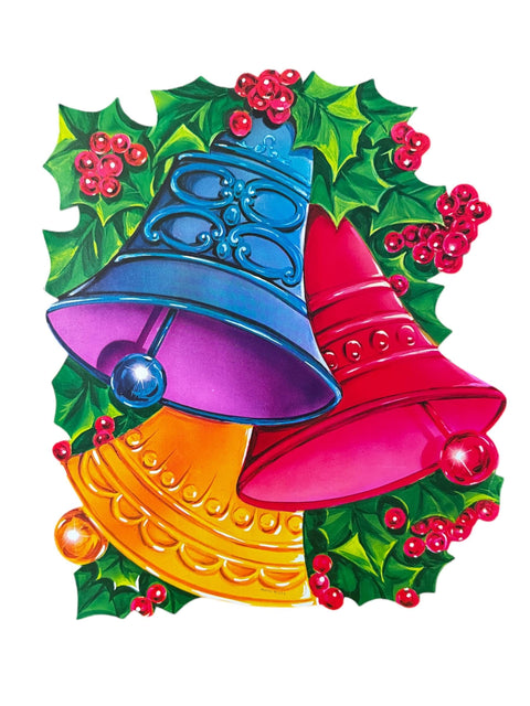 Vintage Christmas Bells Die-Cut with Holly, Retro 1950s Holiday Wall Decor, Mid-Century Eureka