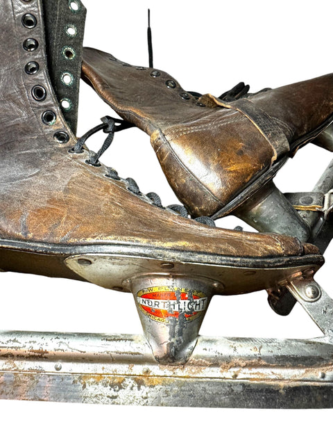 Antique North Light Ice Skates – Vintage Leather and Metal Blades, Early 1900s Winter Collectible