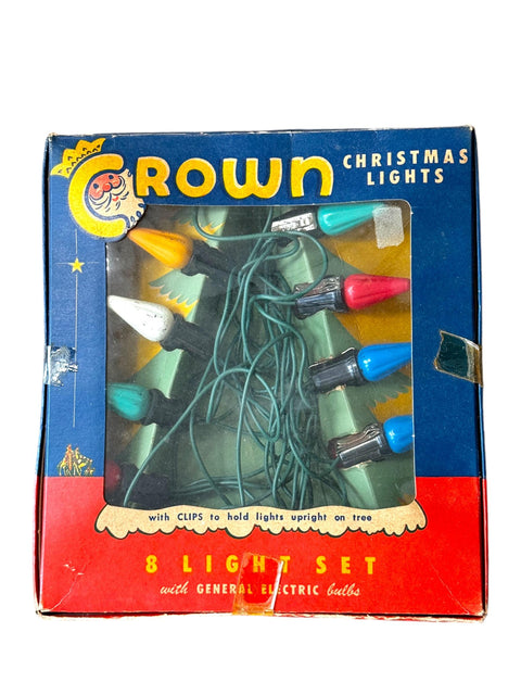 Vintage 1950s Crown Christmas Tree Lights in Original Box – 8 Bulb Set, Untested
