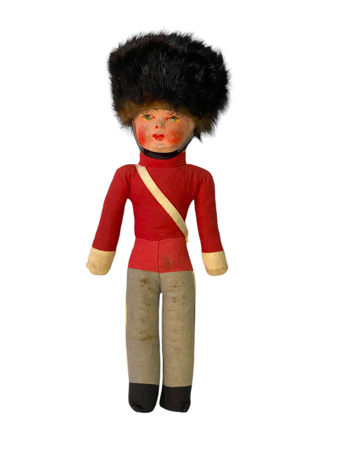 1930s/40s British Guard Doll – Hand-Painted Face, Removable Fur Cap, 30s Cloth Doll