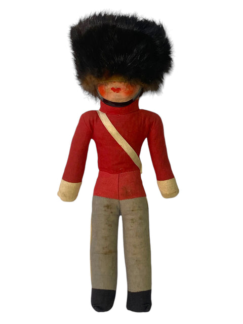 1930s/40s British Guard Doll – Hand-Painted Face, Removable Fur Cap, 30s Cloth Doll