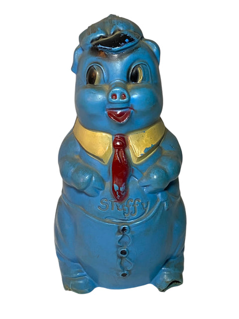 1950s Stuffy Plastic Piggy Bank – Retro Blue Bank with Missing Stopper – Collectible Savings Bank