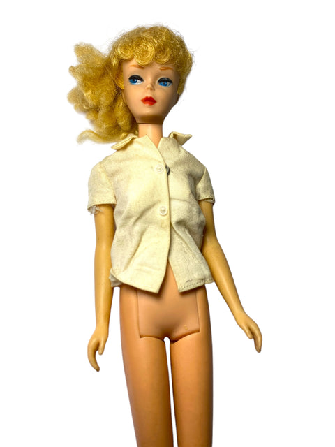 1965 Mattel Blonde Ponytail Barbie Doll with Original White Button-Up Shirt – Rare Japan-Made Barbie