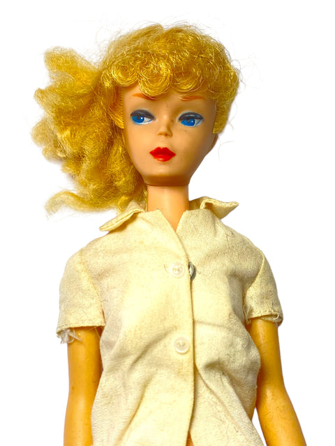 1965 Mattel Blonde Ponytail Barbie Doll with Original White Button-Up Shirt – Rare Japan-Made Barbie