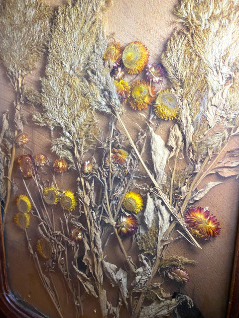 Antique Victorian Pressed Dried Flower Art in Arched Wood Frame | Botanical Wall Art | Early 20th Century Rustic Home Decor | Framed Florals