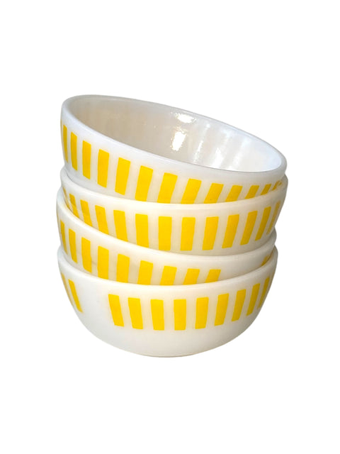 1960s Vintage Hazel Atlas Cereal Bowls with Yellow Vertical Stripes - Set of 4 - Mid-Century Classic