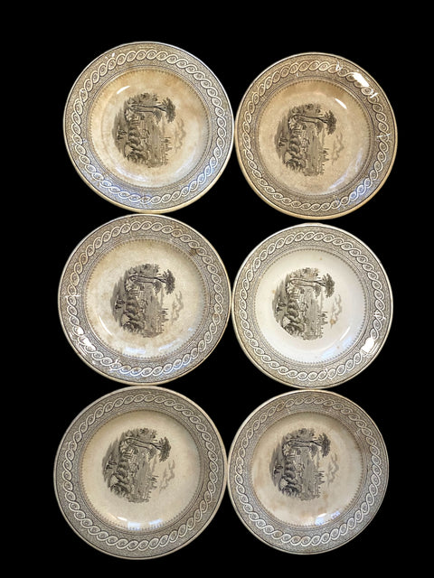 Set of 6 Antique 1840s JR & Co Byzantium Brown Transferware Dessert Plates – 6.5", English Earthenware