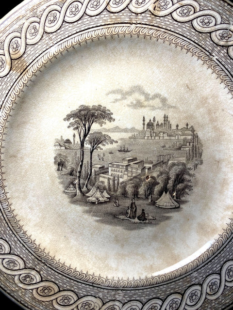 Set of 6 Antique 1840s JR & Co Byzantium Brown Transferware Dessert Plates – 6.5", English Earthenware