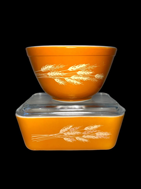 Vintage Pyrex Autumn Wheat Set - 1970s - Casserole, Bowl, and Refrigerator Dish