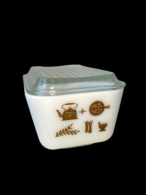 Vintage Pyrex Early American Refrigerator Dish with Lid | 1960s Milk Glass Storage Container | Retro Brown Graphic Design