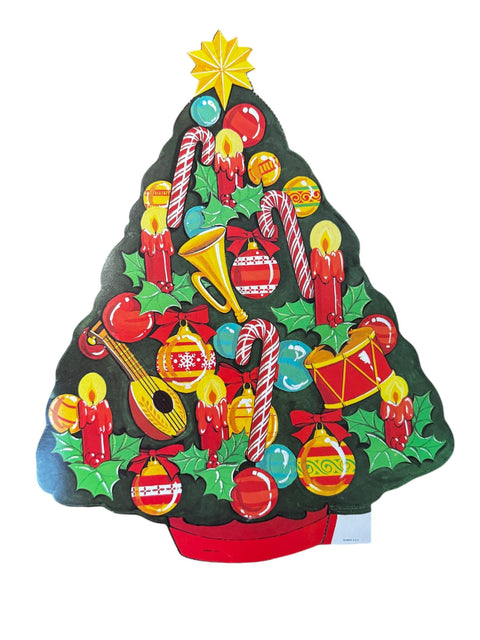 Vintage Eureka Christmas Tree Die-Cut, Holiday Wall Decor with Ornaments & Candles, 1970s-1980s Retro Holiday