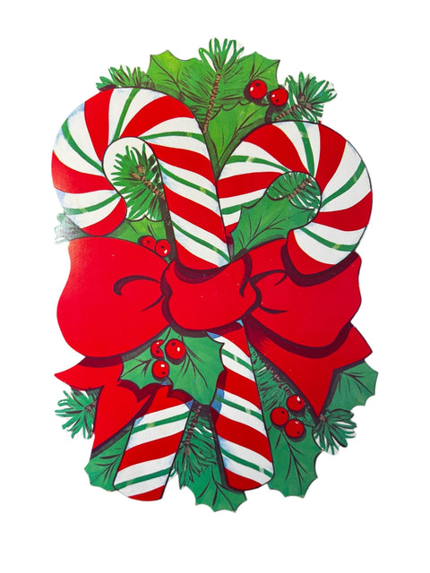 Vintage Christmas Die-Cut Candy Cane & Holly, Mid-Century Holiday Decoration